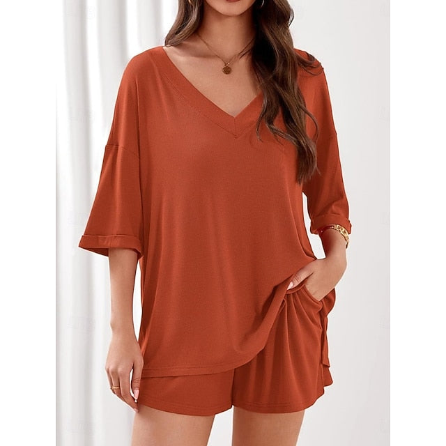 Women's Shorts Sets 3/4 Length Sleeve V Neck Solid Color