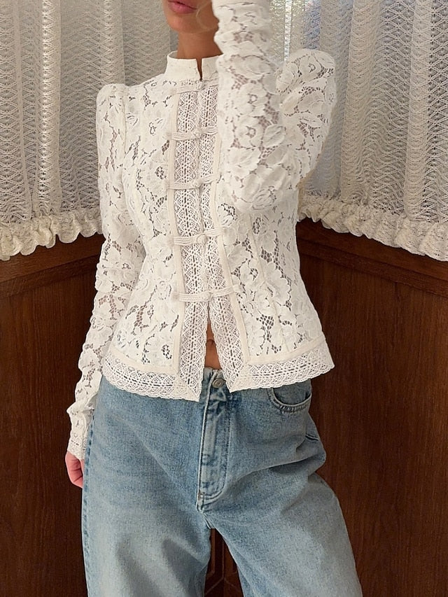 Women's Blouse Lace Patchwork Solid Color Stylish Basic