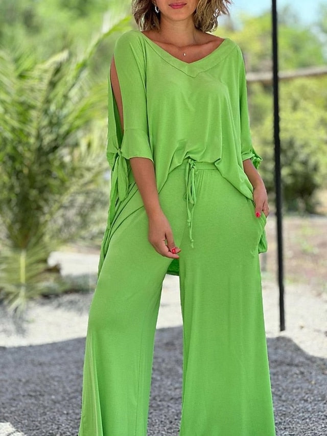 Women's Pants Sets 3/4 Length Sleeve V Neck Solid Color