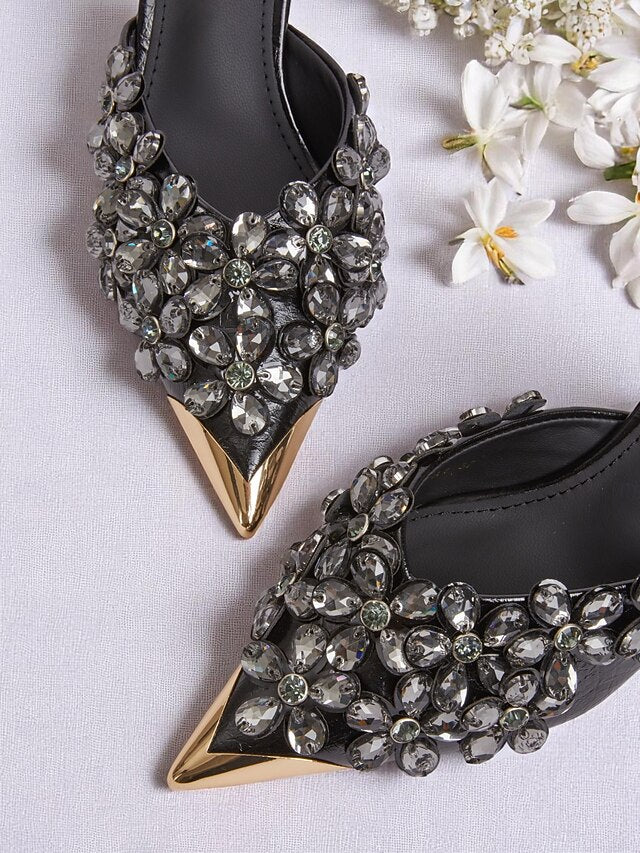 Mules Embellished Pointed-Toe – Rhinestone Women's Black