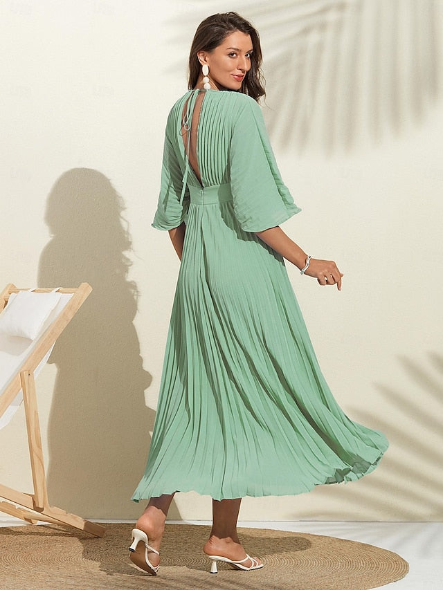 Women's Wedding Guest Dress Maxi Blue V-Neck Dolman Sleeve