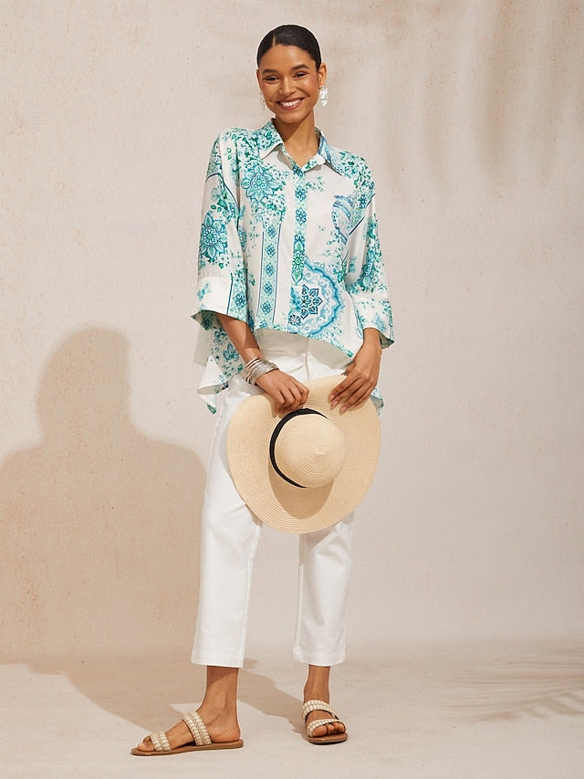 Celadon Bloom Story Silky Satin Dolman Sleeve Shirt
