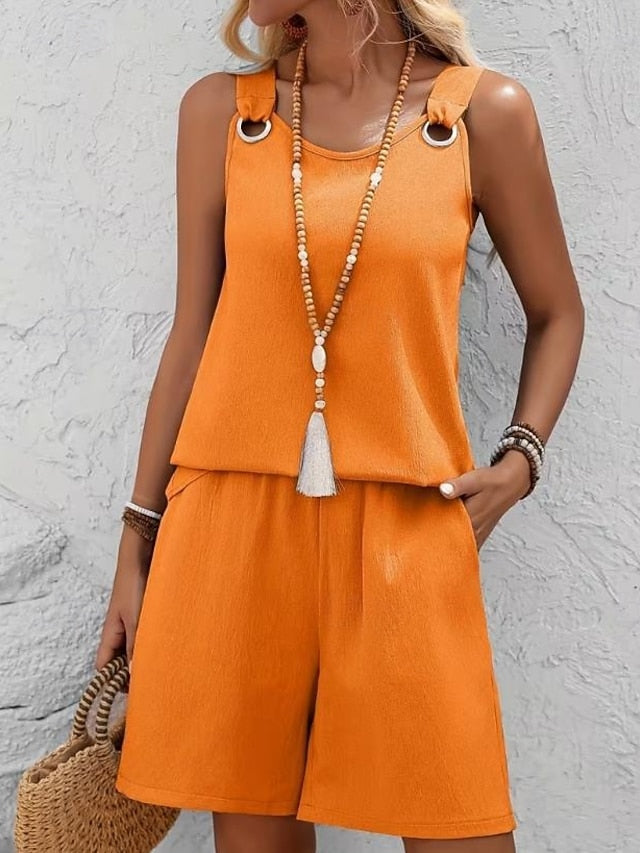 Women's Shorts Sets Bolero Top Sleeveless Round Neck Plain