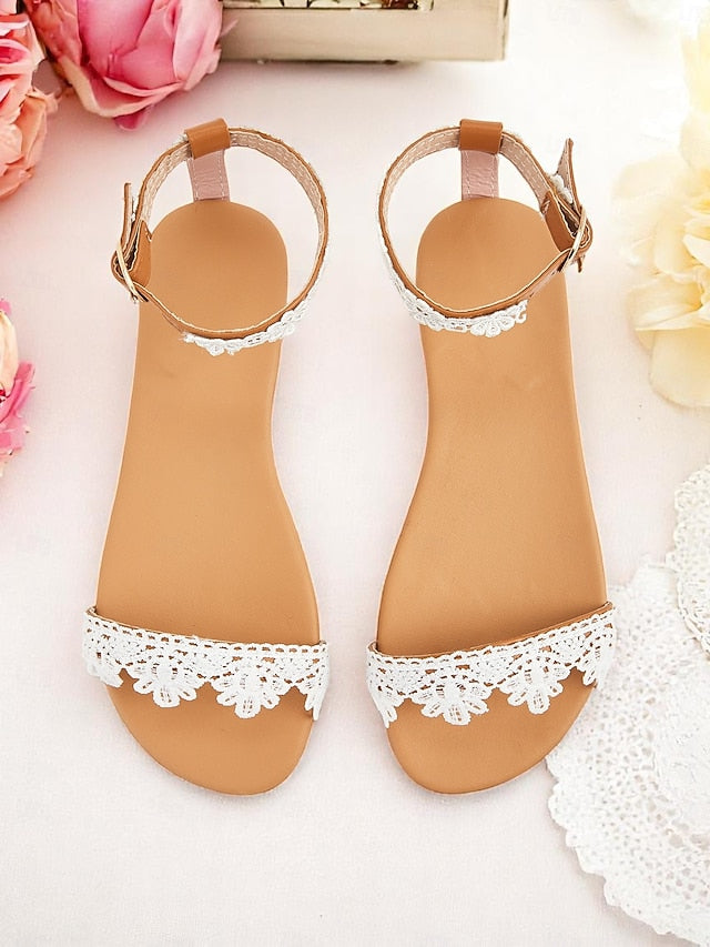 Ankle Strap Women's Sandals White Lace with Floral