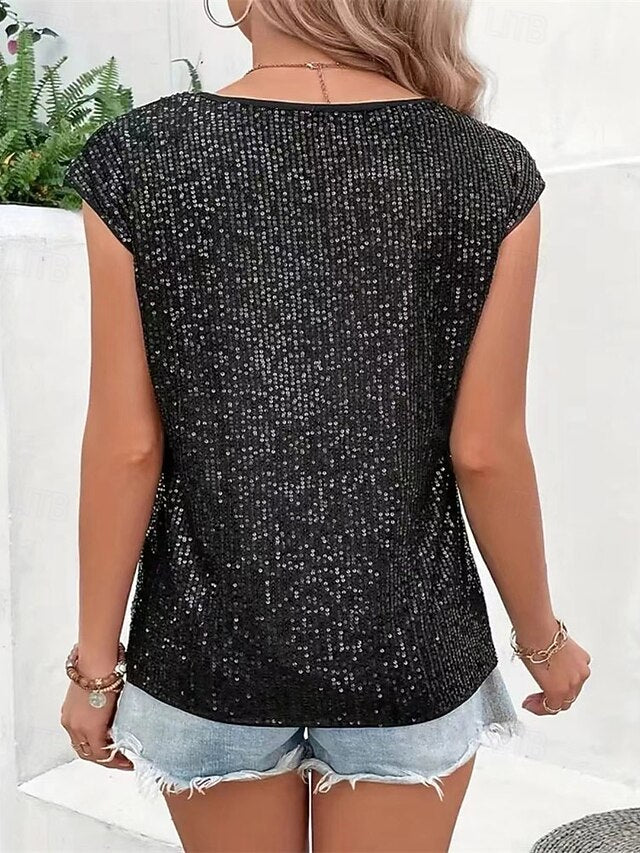 Women's T Shirt Summer Tops Sequins Patchwork Solid Color