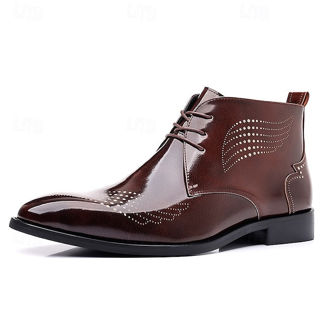 Brogue Burgundy Glossy Wingtip Ankle Faux Men's Leather