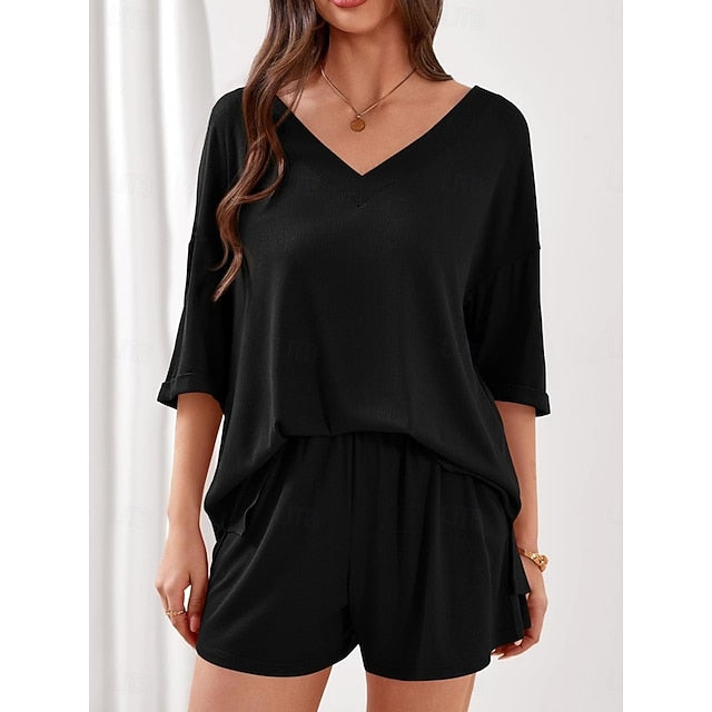 Women's Shorts Sets 3/4 Length Sleeve V Neck Solid Color