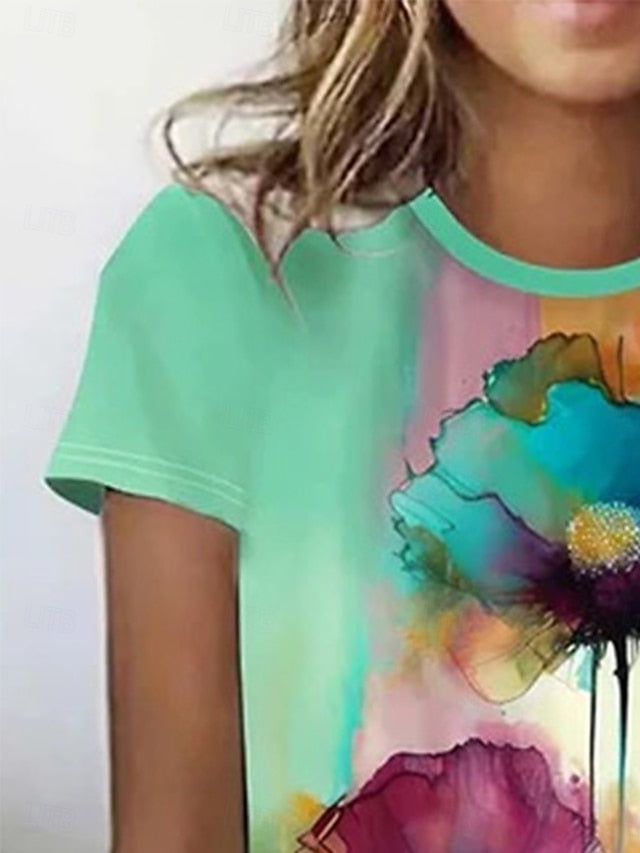 Women's T Shirt Print Floral Color Block Casual Short