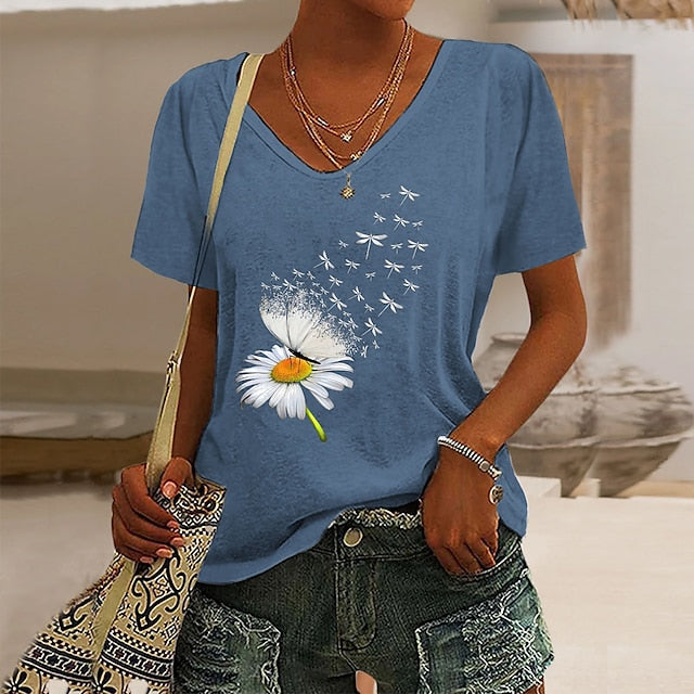 Women's T Shirt Butterfly Dandelion Basic Short Sleeve V