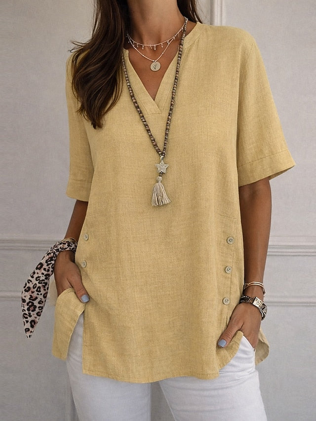 Women's Blouse Faux Linen Shirt Buttons Solid Color Daily