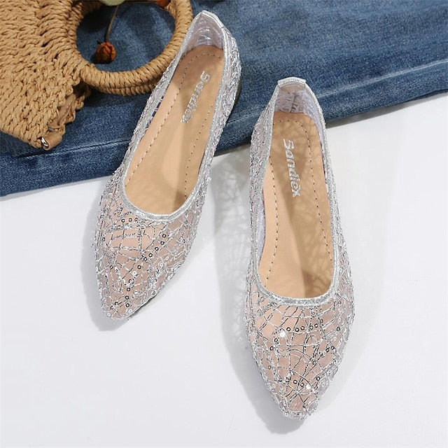 Women's Elegant Sequin Silver Ballet – Mesh Flats