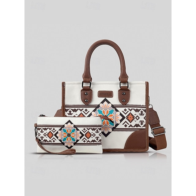 Women's Ethnic Set Faux Handbag and with Leather Canvas