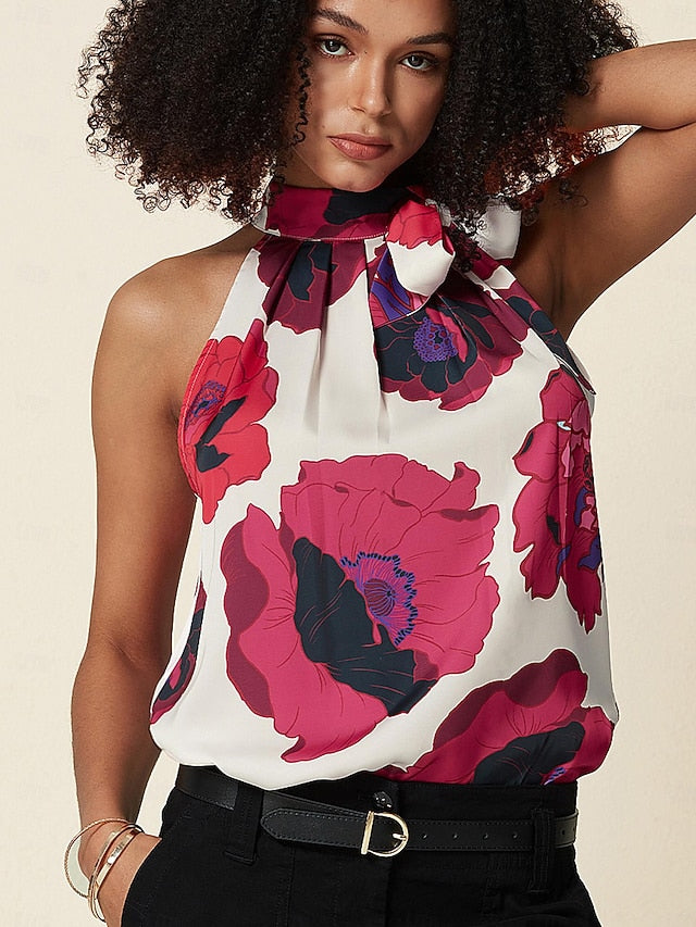 Women's Floral Print Halter Top Shirt Tank Top Casual Stain