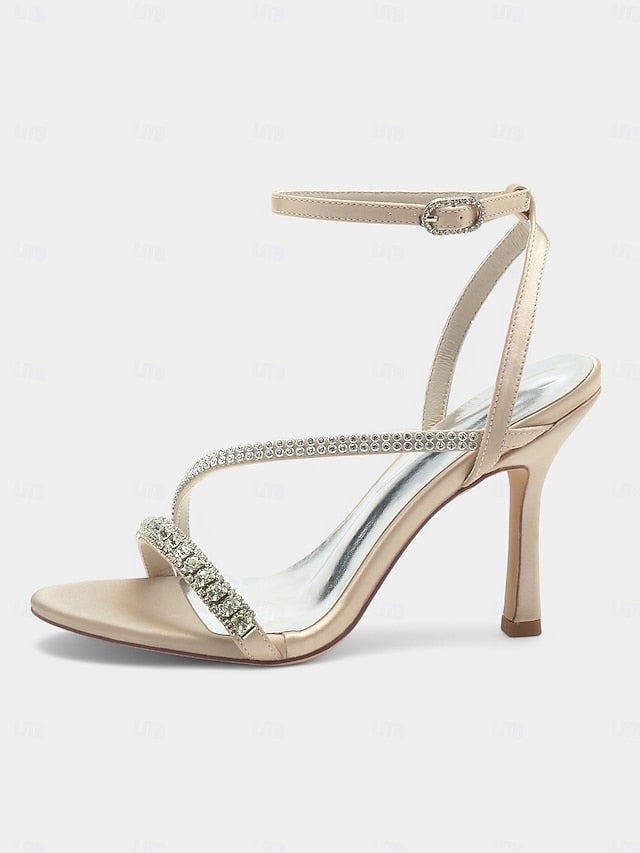 Champagne Sophisticated Strappy Heels Rhinestone Satin –