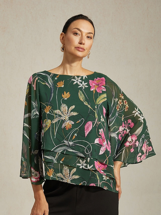 Women's Blouse Sheer Chiffon Green Floral Print Half Sleeve