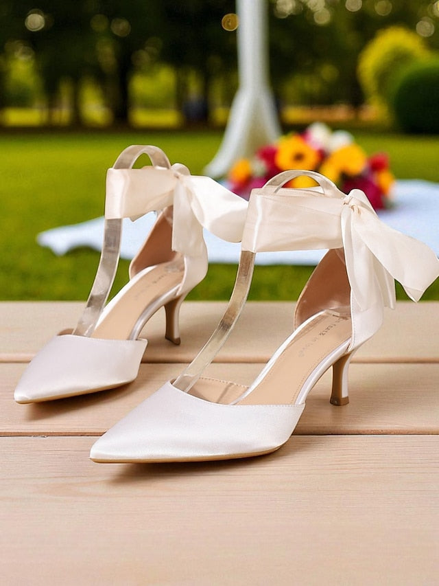Pointed-Toe Ribbon Satin Heel Women's Shoes with Kitten