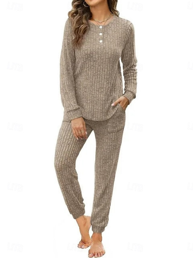 Women's Pants Sets Long Sleeve Crew Neck Solid Color