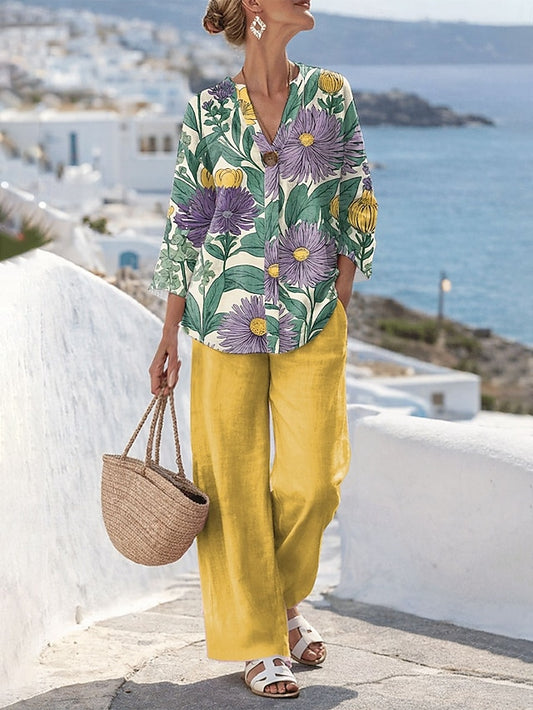 Women's Two Piece Sets Linen Like Pants Sets Bolero Top 3/4