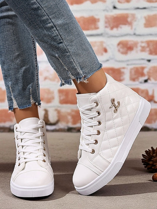 Women's White Quilted High-Top Sneakers, Fashion Lace-Up