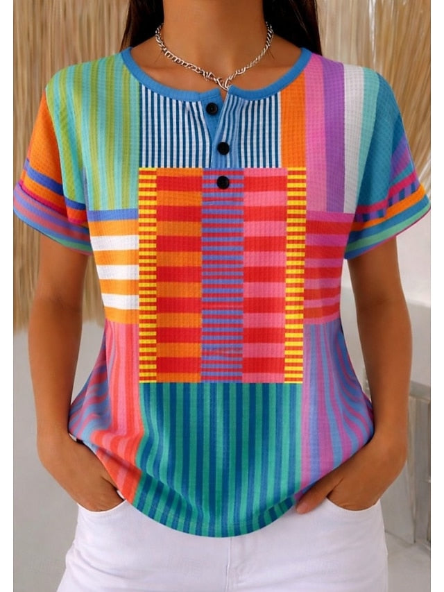 Women's Textured Knit Tops T Shirt Color Block Graphic