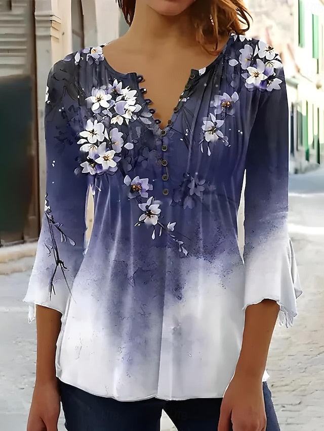 Women's T-Shirt  V Neck Ombre Floral Graphic Elegant 3/4