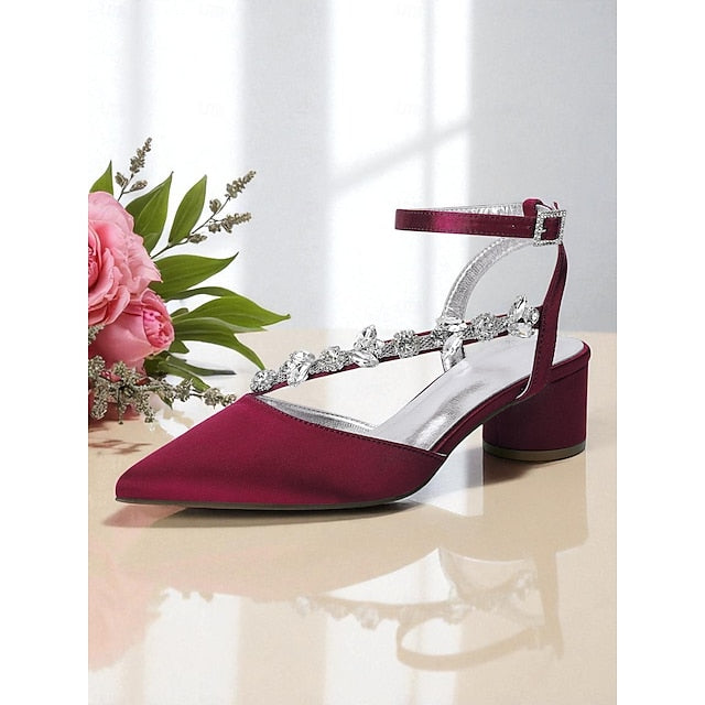Heel Women's Purple Pumps Satin with Block Rhinestone