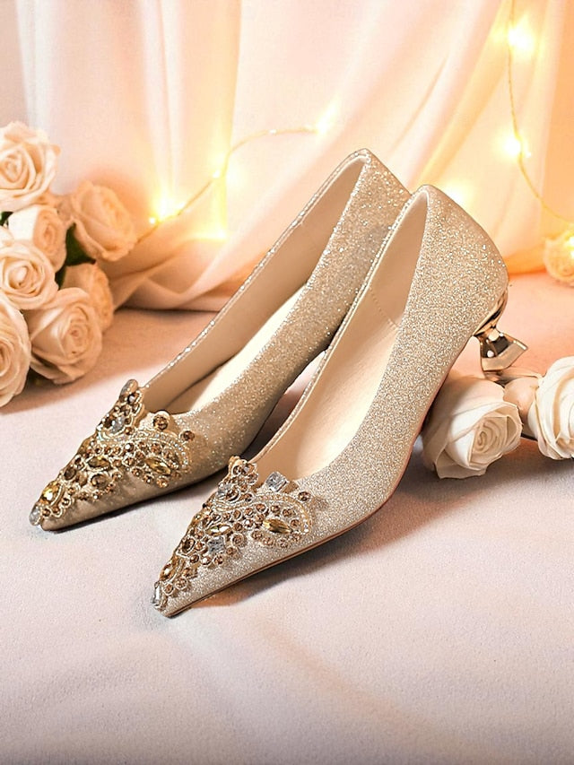 Pumps Low with Gold Heel Women's Pointed-Toe Glitter