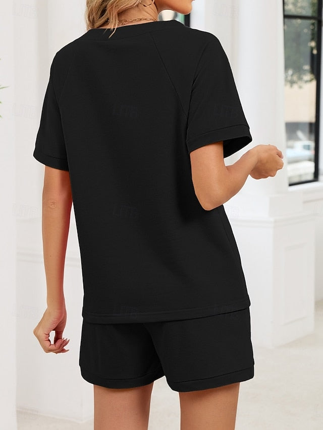 Women's Shorts Sets Short Sleeve V Neck Solid Color Fashion
