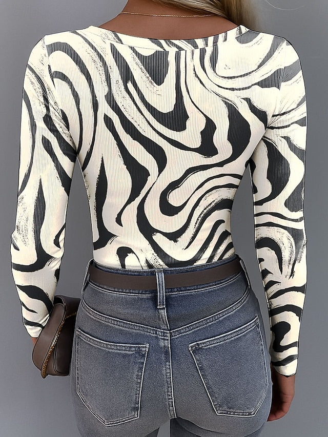 Women's T shirt Long Sleeve Ribbed Graphic Square Neck Long