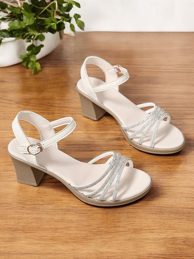 with Comfortable Rhinestones Block Sandals - Strappy Black Heel