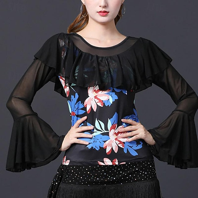 Latin Dance Ballroom Dance Top Printing Ruffles Splicing