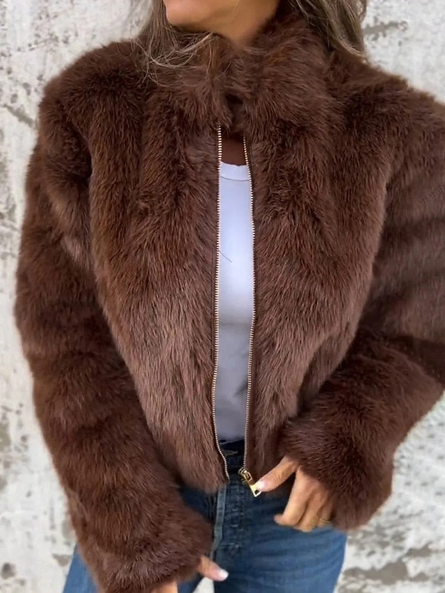 Faux Casual Warm Plain Coat Women's Fur Zipper Breathable