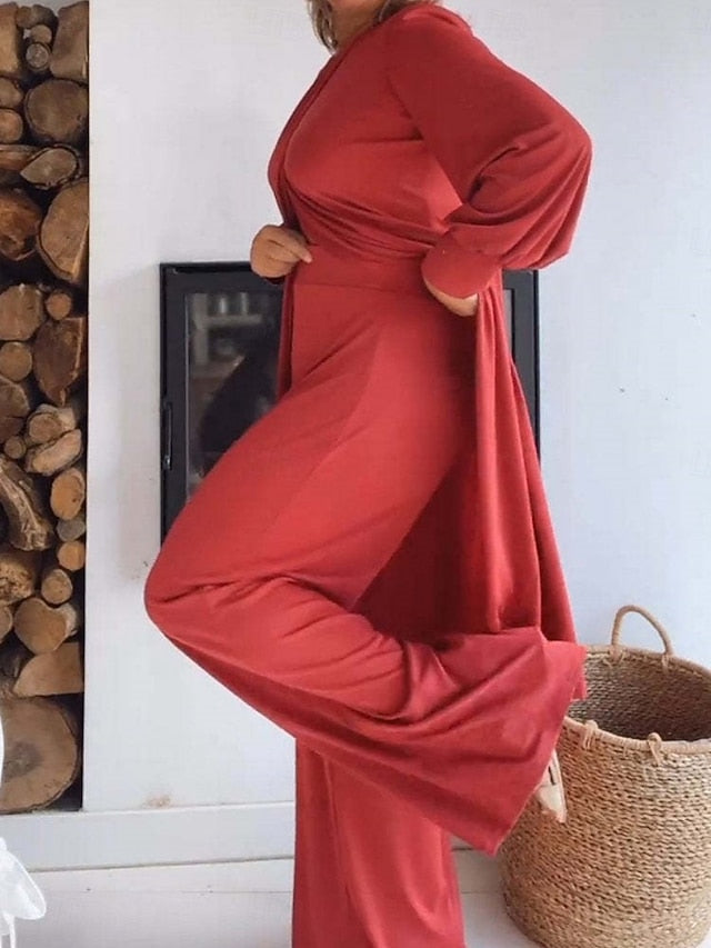 Women's Pants Sets Long Sleeve Crew Neck Solid Color Ruched