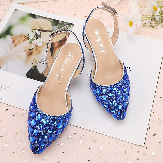 Pointed-Toe Rhinestone High Heels Women's Crystal Slingback