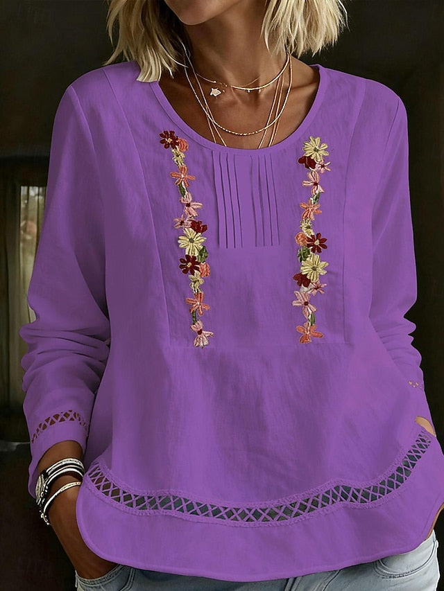 Women's Shirt Blouse Ruched Patchwork Embroidered Floral
