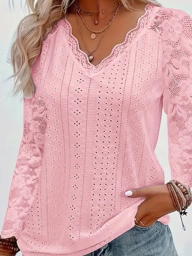 Women's Blouse Lace Tops Plain Active Stylish Long Sleeve V