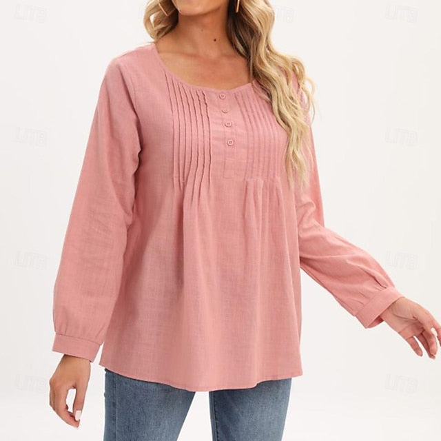 Women's Shirts Long Cotton Top Faux Cotton Linen White