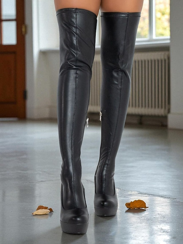 Women's Knee the - Black Heel Faux Wedge Over Boots Leather