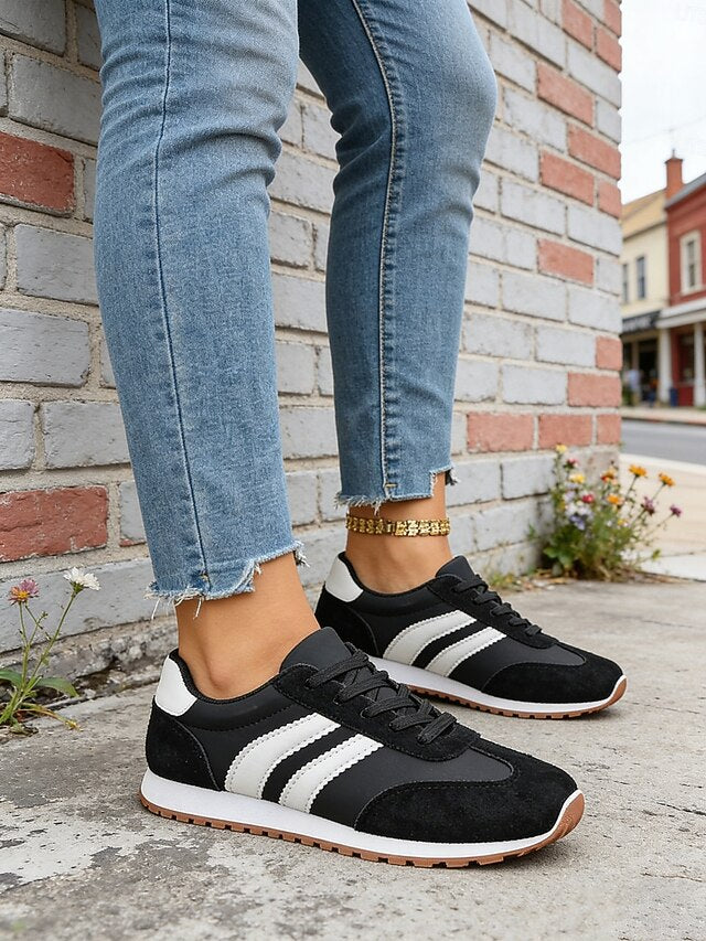 Women's Green Retro Stripe Sneakers – Breathable Low-Top