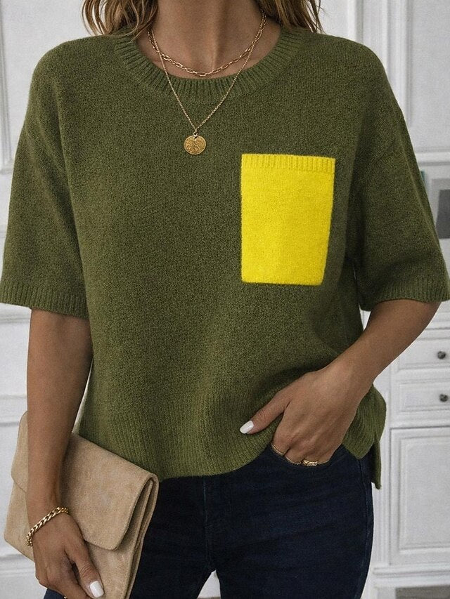 Women's Knit Tee Tee Top Pocket Fuzzy Side Split Solid