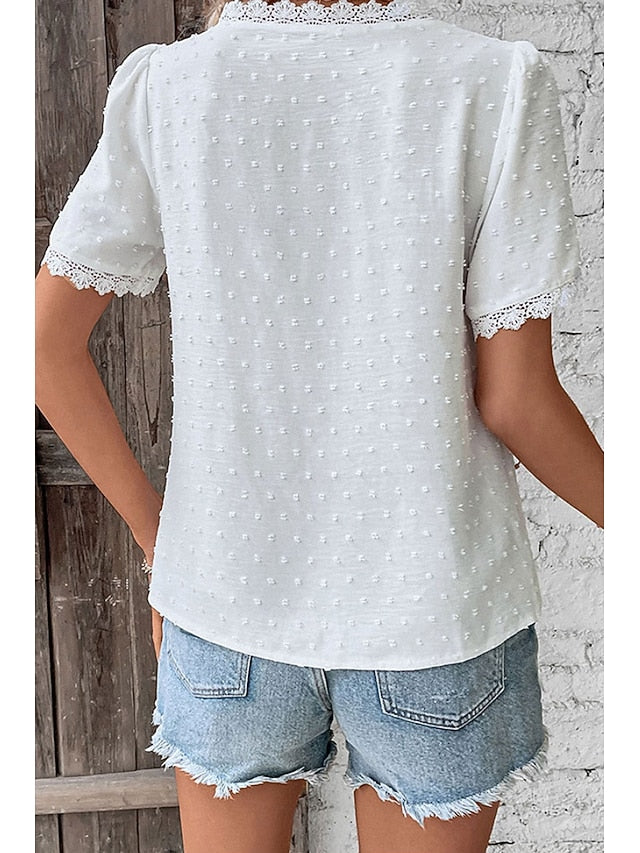 Women's T Shirt Lace Solid Color Fashion Short Sleeve V