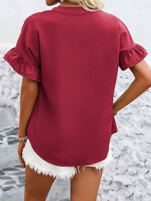 Women's Shirt Blouse Ruffle Buttons Solid Color Stylish