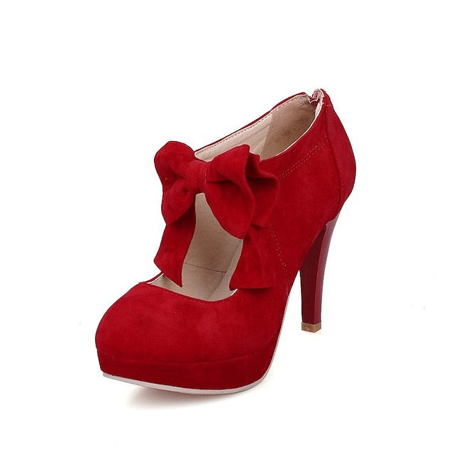 Suede Vintage Platform Pumps Red – Bow Women's Heel High