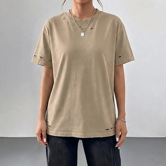 Women's T Shirt 100% Cotton Vintage Washed Tops Cut Out