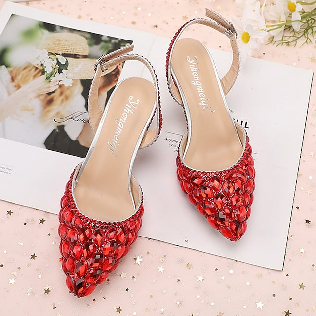 Women's Crystal Pointed-Toe Heels High Slingback Rhinestone