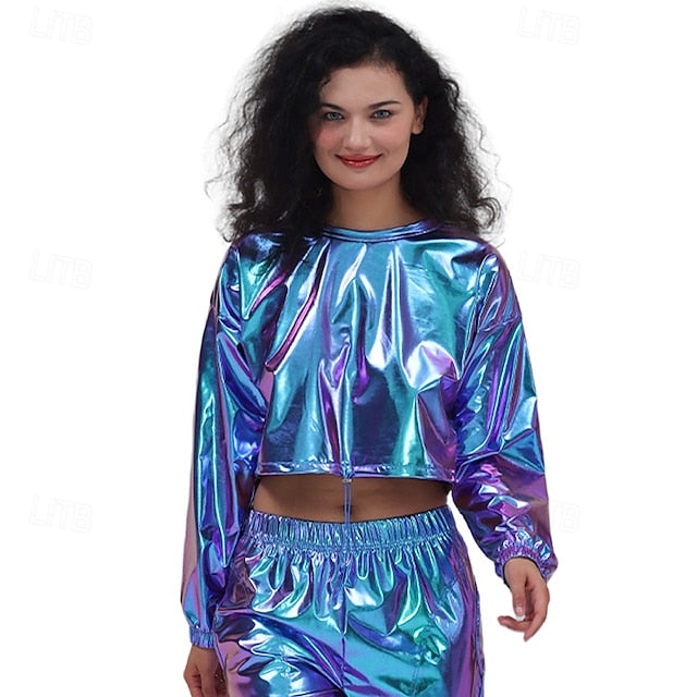 1980s Hip Hop Shiny Metallic Crop Top Sweatshirt Disco Fancy