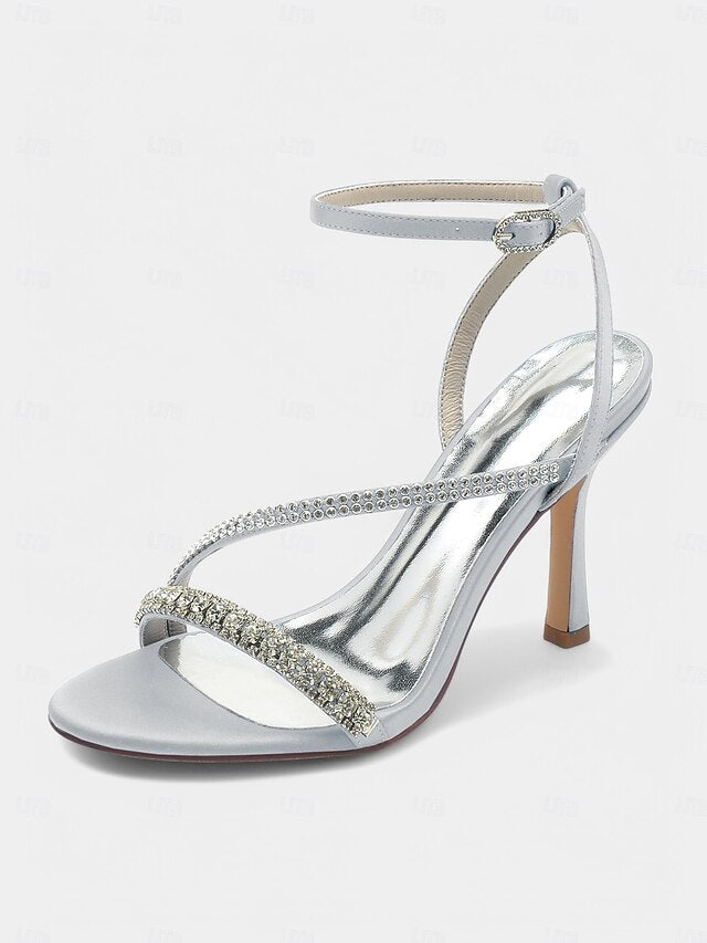 Champagne Sophisticated Strappy Heels Rhinestone Satin –