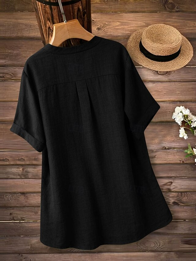 Women's Blouse Faux Linen Shirt Buttons Solid Color Daily