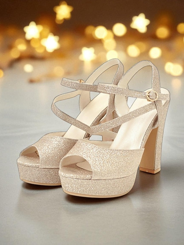 with Glitter High Platform Heel Women's Sandals Ankle Strap