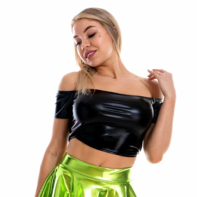 Metallic 1980s Shiny Latex Patent Crop Top PU Leather Off